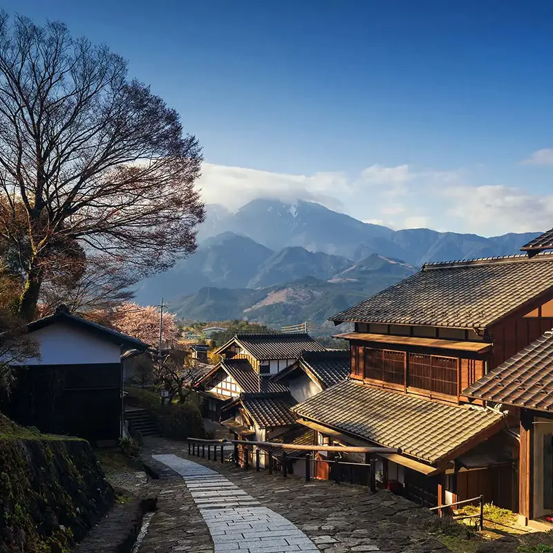 Japanese village in the mountains on a sunny day