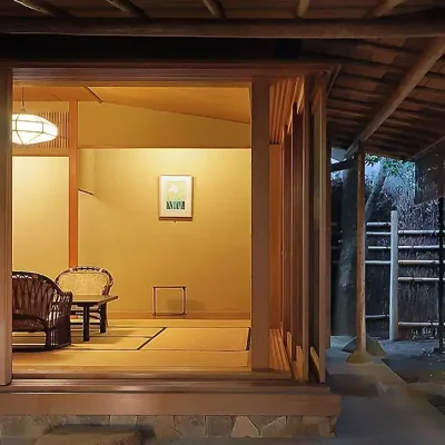 View of traditional Japanese guest room from garden walkway on a JapanQuest Journey