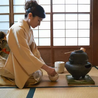 Woman in kimono performing traditional tea ceremony during cultural travel experience